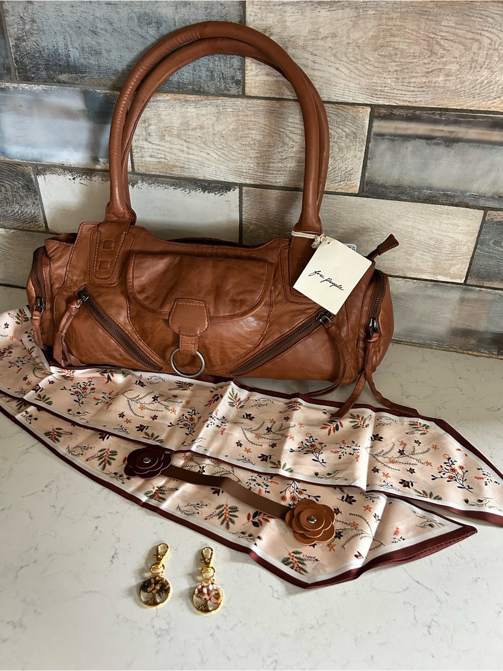 NWT Free People Sabo East West Bag in Saddle with Included Bags Charms & Scarf - Picture 12 of 16